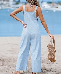 Cupshe Women's Blue Striped Square Neck Straight Leg Overalls