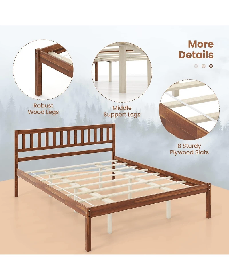 Queen Wood Bed Frame with Headboard and Slat Support-Queen
