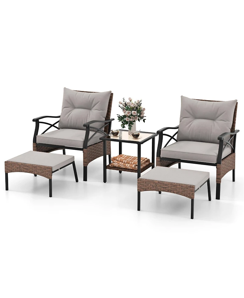5 Pieces Wicker Patio Furniture Set Ottomans and Cushions and 2-Tier Tempered Glass Side Table-Brown