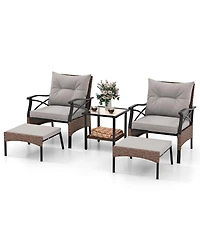 5 Pieces Wicker Patio Furniture Set Ottomans and Cushions and 2-Tier Tempered Glass Side Table-Brown