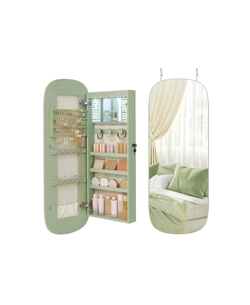 Slickblue Led Jewelry Cabinet Wall/Door Mounted, Lockable Rounded Wide Mirror with Storage, Interior Mirror