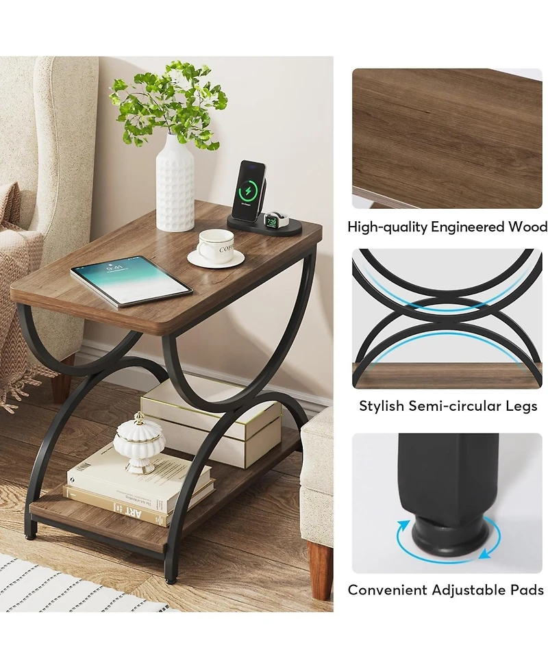 Tribesigns 2-Tier End Side Table with Stylish Metal Frame, Vintage Rectangular Bedside Nightstand for Bedroom, Wood and Metal Chair Side Tables Living
