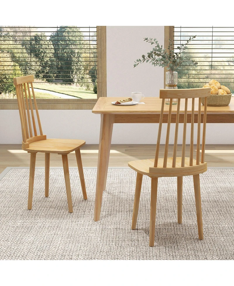 Windsor Dining Chairs Set of 2 with High Spindle Back and Natural Rubber Wood Legs