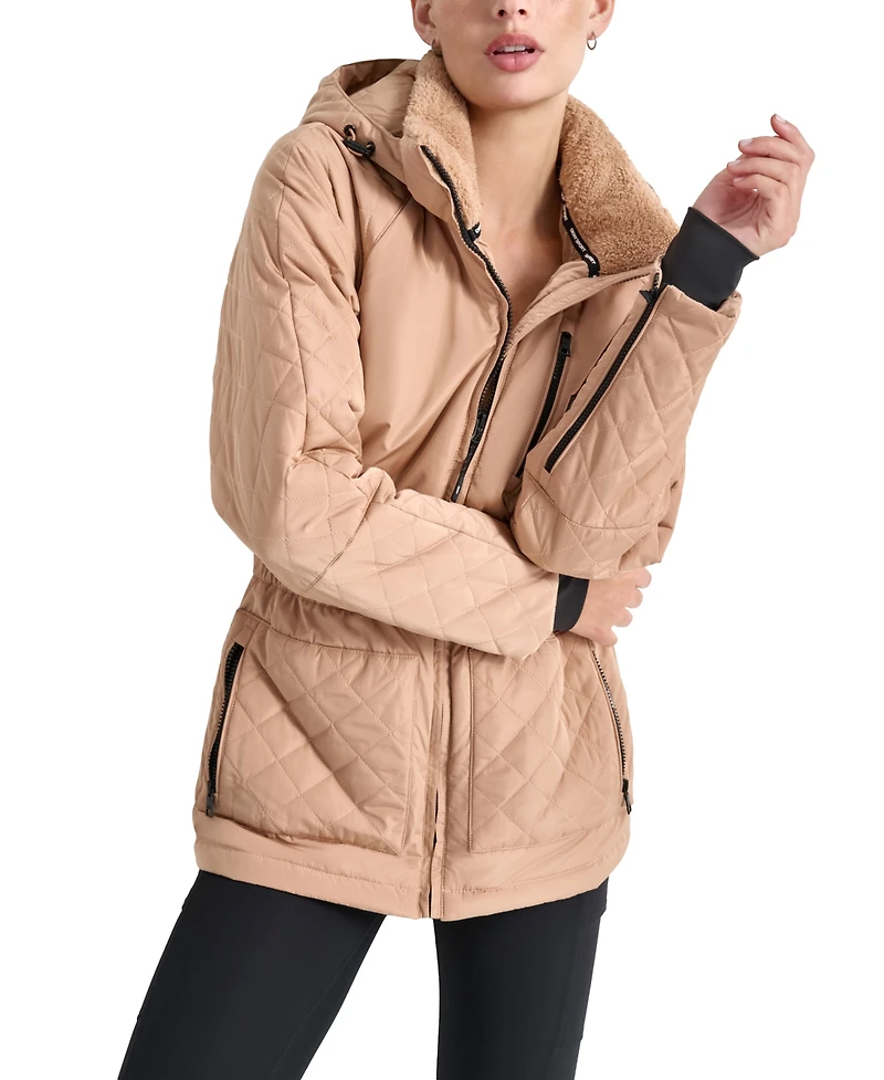 Dkny Women's Quilted Elastic-Waist Hooded Zipper Jacket