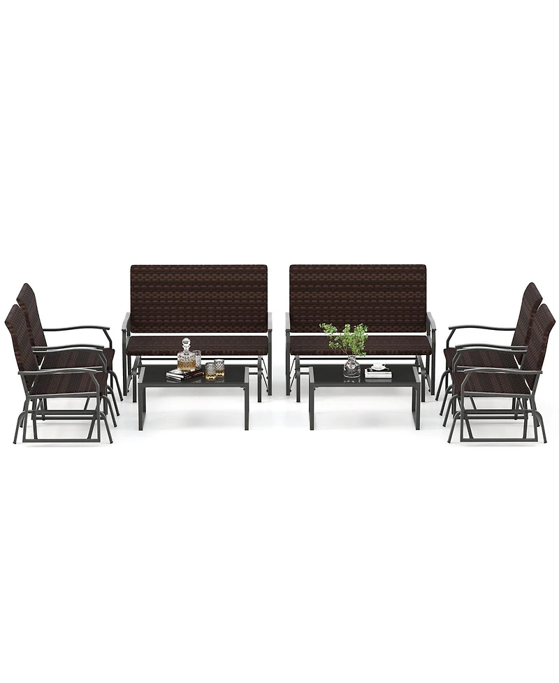 4 Piece Patio Gliding Set Wicker Swing Glider Furniture Set All Weather witrh Tempered Glass Coffee Table-Brown