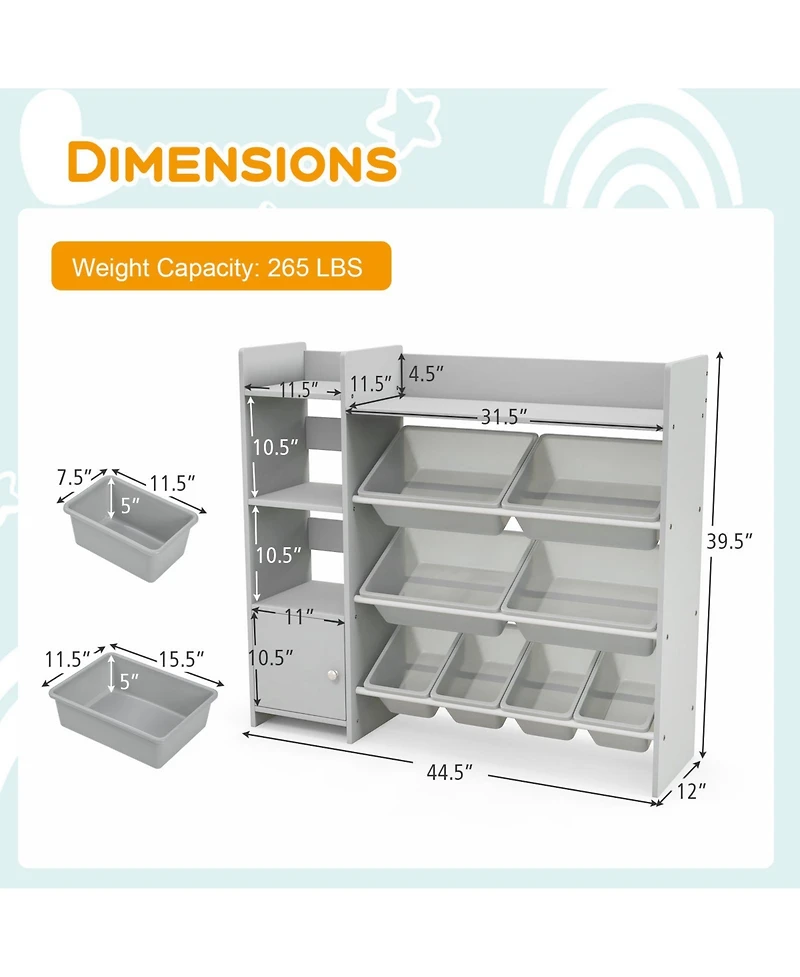 Sugift 4-Tier Kids Bookshelf and Toy Storage Rack with 8 Toy Organizer Bins
