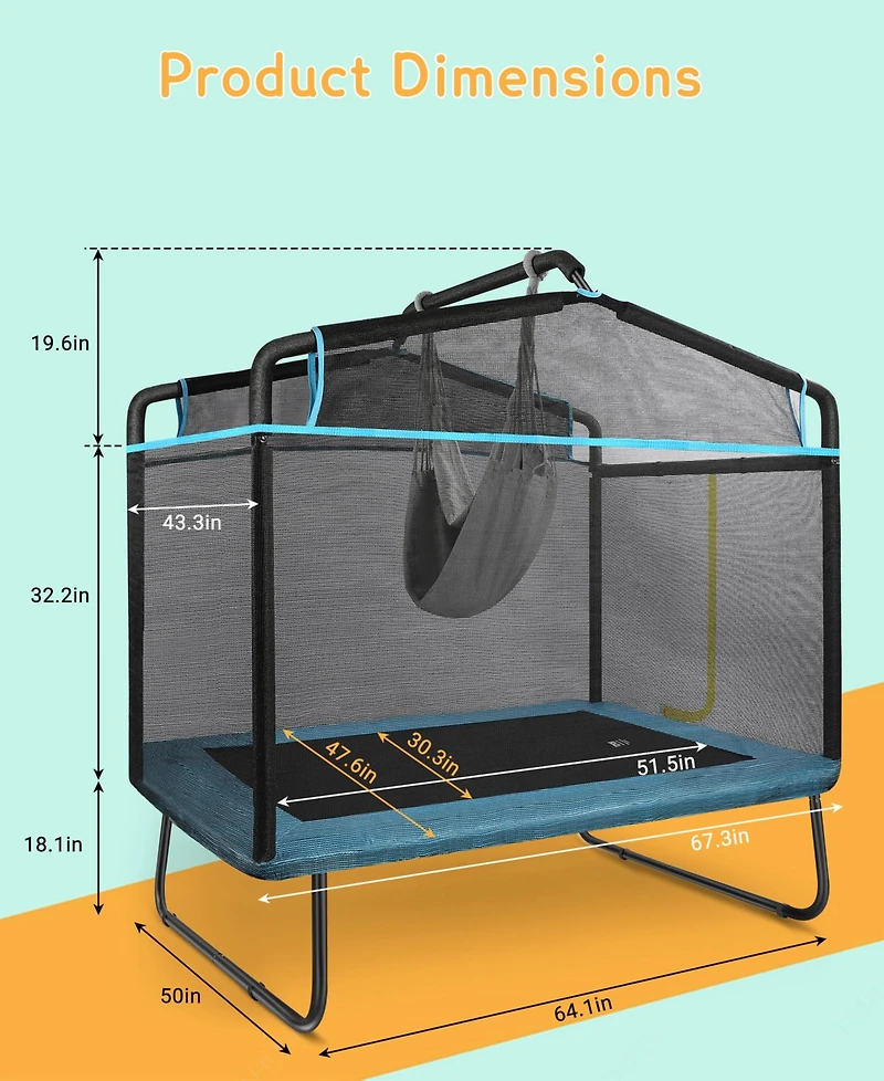 64" Rectangle Trampoline for Kids with Safety Net and Hammock Chair