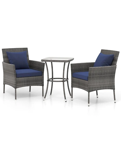 3 Pieces Patio Furniture Set with Cushioned Patio Chairs and Tempered Glass Coffee Table-Navy
