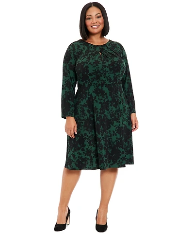London Times Plus Size Printed Keyhole Long-Sleeve Dress