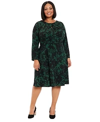 London Times Plus Size Printed Keyhole Long-Sleeve Dress