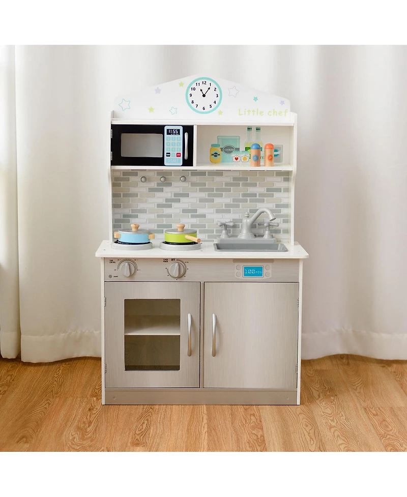 Gymax Kids Wooden Pretend Cooking Playset Cookware Play Set Kitchen Toys Gift