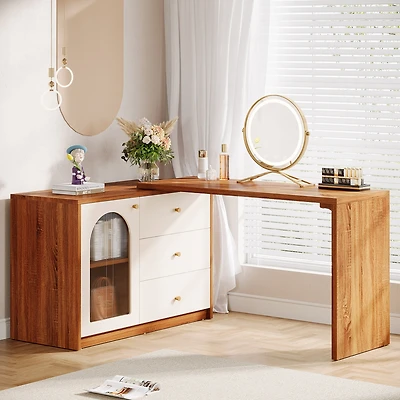 Tribesigns Modern Makeup Vanity, Retractable Large Vanity Desk with 3 Drawers and Cabinet, Makeup Corner Dressing Table (Without Mirror)