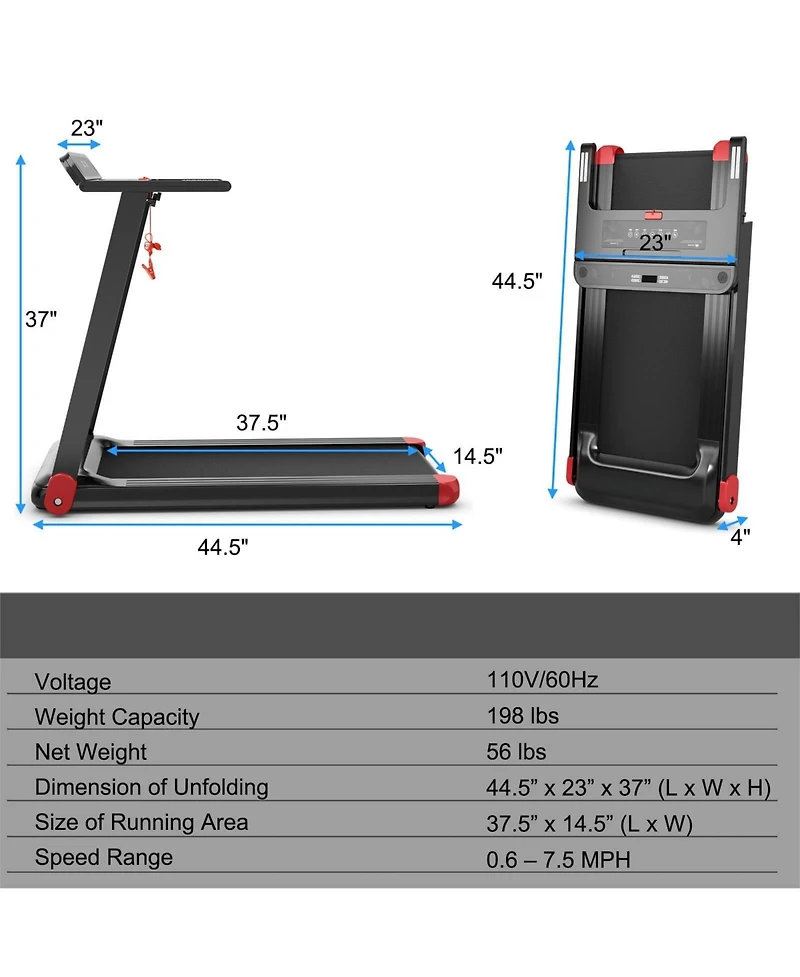 Vebreda Folding Electric Compact Walking Treadmill with App Control Speaker-Red