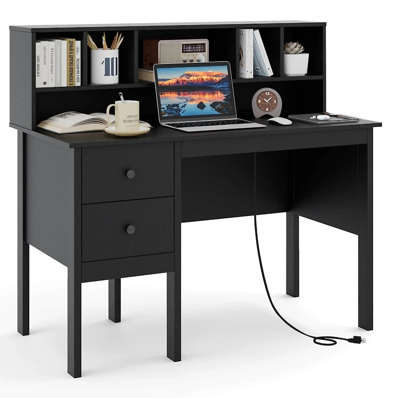 48" Computer Desk with Power Outlets Type-c 5-Cubby Hutch & 2 Storage Drawers