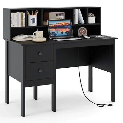 48" Computer Desk with Power Outlets Type-c 5-Cubby Hutch & 2 Storage Drawers