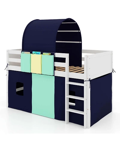 Twin Loft Bed with Tower & Tent 3 Storage Pockets Safety Guardrail and Ladder