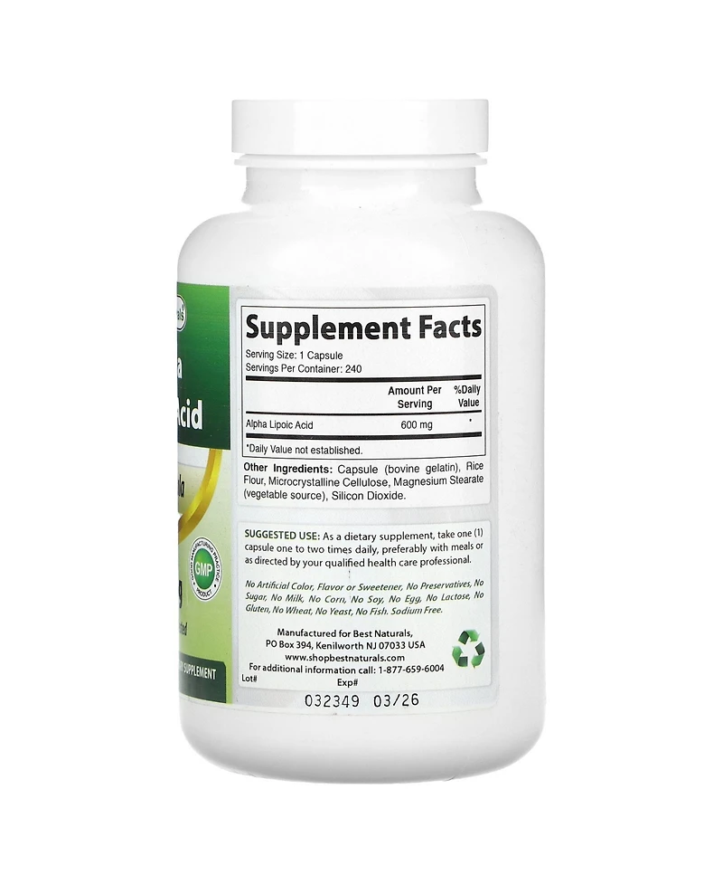 Best Naturals Est Alpha Liopic Acid 600 Mg Capsule with Powerful Antioxidant, 240 Count
