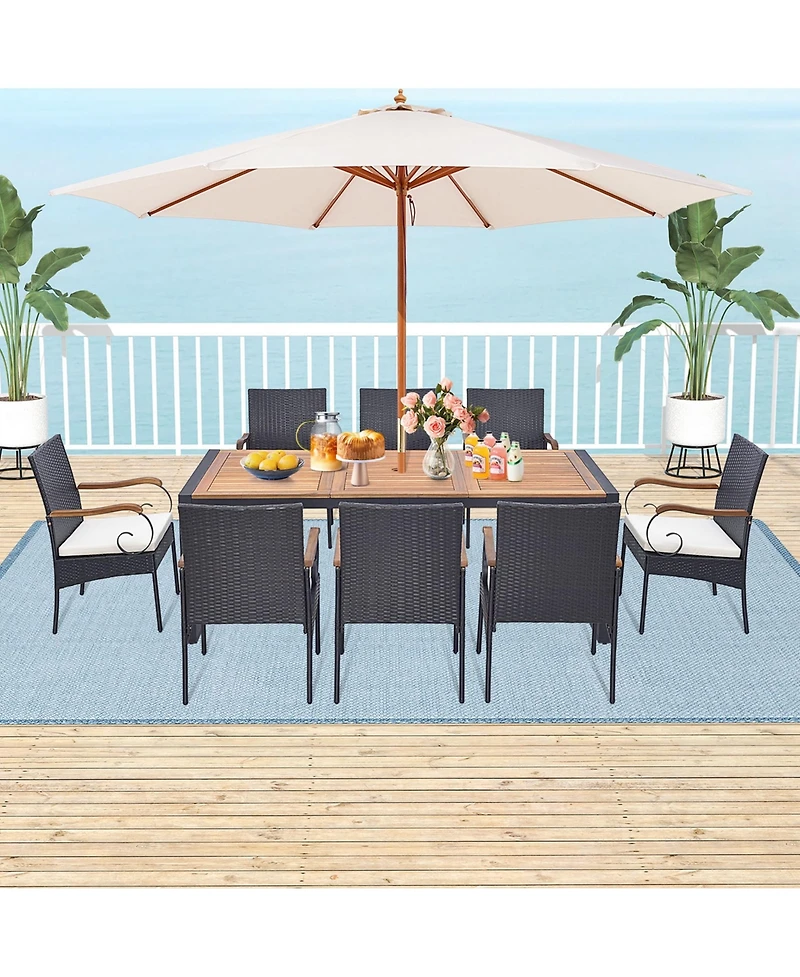 Costway 9 Pieces Patio Rattan Dining Set with Acacia Wood Table, 1.9" Umbrella Hole