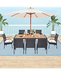 Costway 9 Pieces Patio Rattan Dining Set with Acacia Wood Table, 1.9" Umbrella Hole