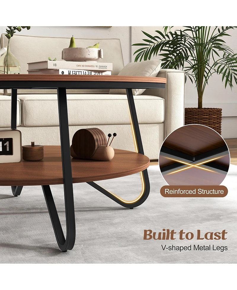 2-Tier Round Coffee Table with Wood Grain Finish & Heavy-duty Metal Frame