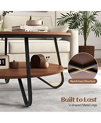 2-Tier Round Coffee Table with Wood Grain Finish & Heavy-duty Metal Frame