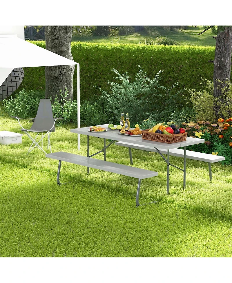 Costway Folding Picnic Table with Wood-like Tabletop, Umbrella Hole, 2 Benches for 8 Person