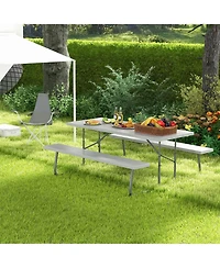 Costway Folding Picnic Table with Wood-like Tabletop, Umbrella Hole, 2 Benches for 8 Person