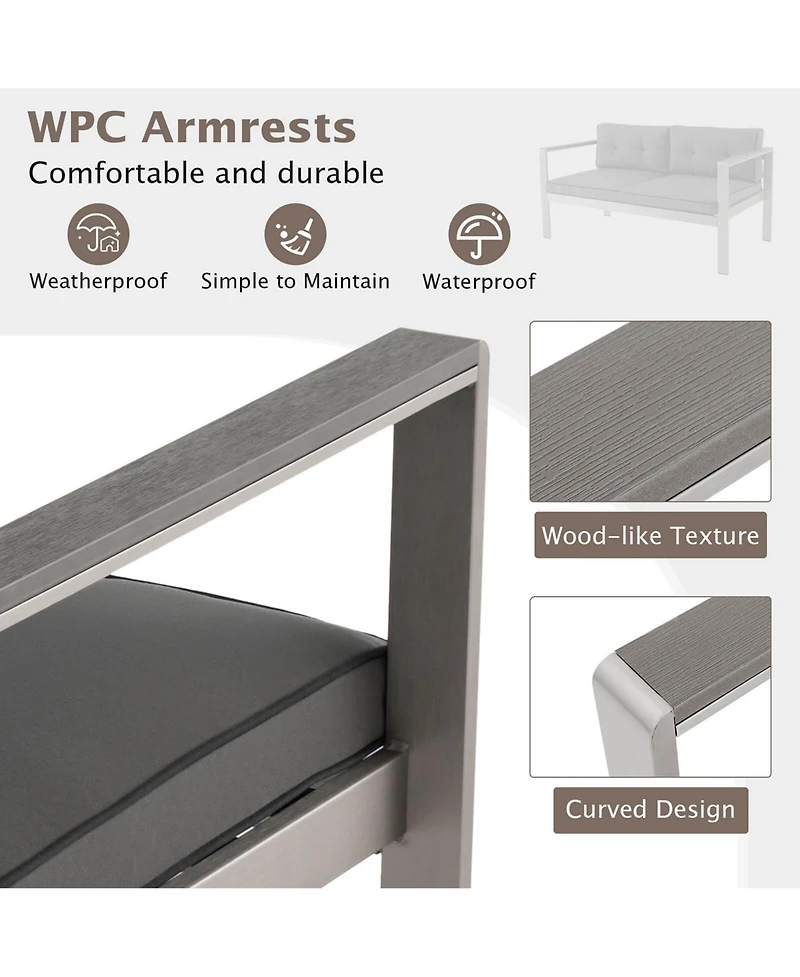 Patio Aluminum Loveseat Sofa Outdoor Chair with Wpc Armrests & Cushions Backyard