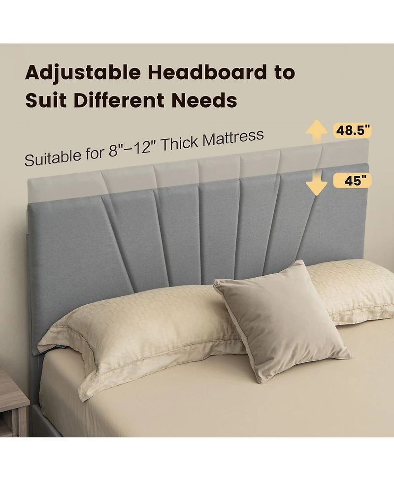 Gymax Queen Upholstered Bed Frame Platform with Drawer & Adjustable Headboard Grey