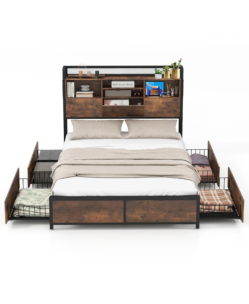 Gymax Full Size Bed Frame w/ Bookcase Headboard & 4 Storage Drawers Vintage Brown