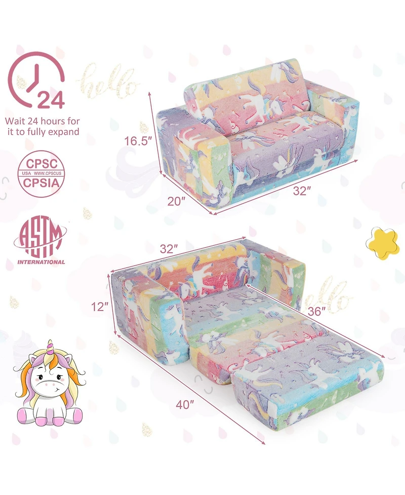 2-in-1 Flip Out Kids Sofa Chair with Detachable Flannel Fabric Cover and Glowing Patterns