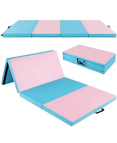 Folding Gymnastics Mat with Carry Handles and Sweatproof Detachable Pu Leather Cover-Blue