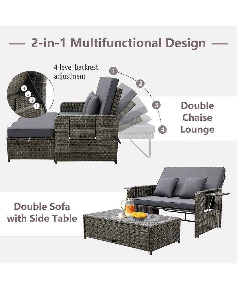 Wicker Loveseat Sofa Set Patio Rattan Daybed with Ottoman & Retractable Side Tray