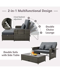 Wicker Loveseat Sofa Set Patio Rattan Daybed with Ottoman & Retractable Side Tray
