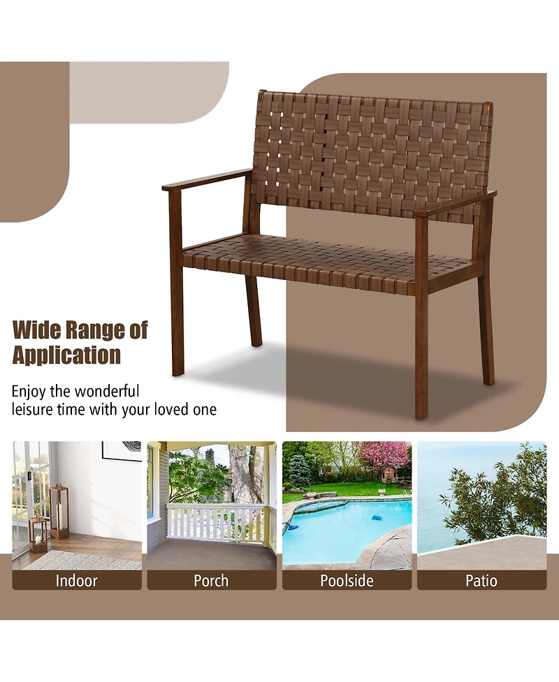 Patio Loveseat All Weather Bench with Solid Rubber Wood Frame&Hand Woven Pu Leather