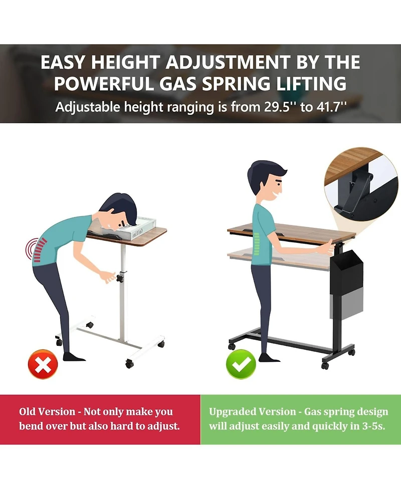 Tribesigns Height Adjustable C Shaped End Table with Wheels and Side Pocket, Mobile Sofa Snack Table with Tiltable Drawing Board for Couch Bed