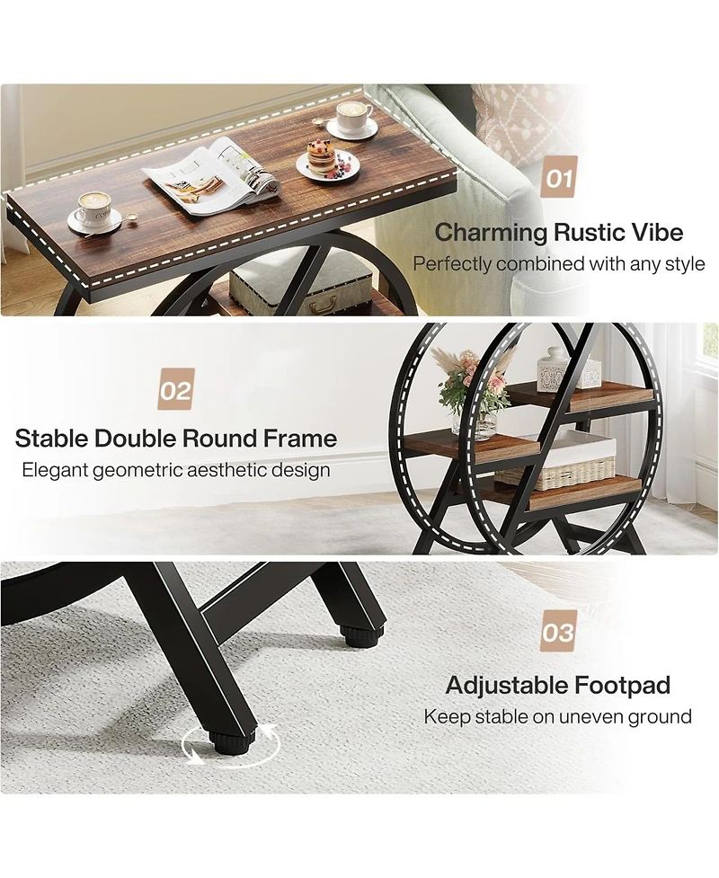 Tribesigns End Table Set of 2, 3-Tier Narrow Sofa Side Table with Storage for Living Room, Wood End Table with Geometric Metal Frame, Industrial Night