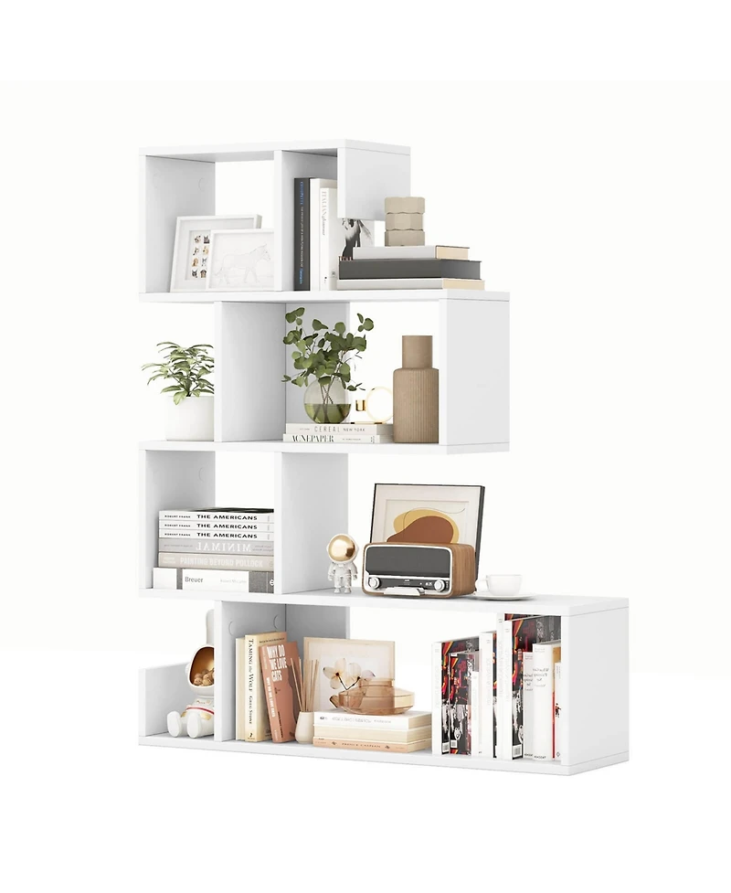 2 Pcs S-shaped Bookshelf Freestanding Stepped Etagere Bookcase with Anti-tipping Kits