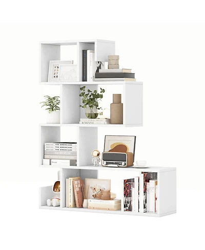 2 Pcs S-shaped Bookshelf Freestanding Stepped Etagere Bookcase with Anti-tipping Kits