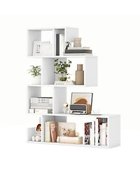 2 Pcs S-shaped Bookshelf Freestanding Stepped Etagere Bookcase with Anti-tipping Kits