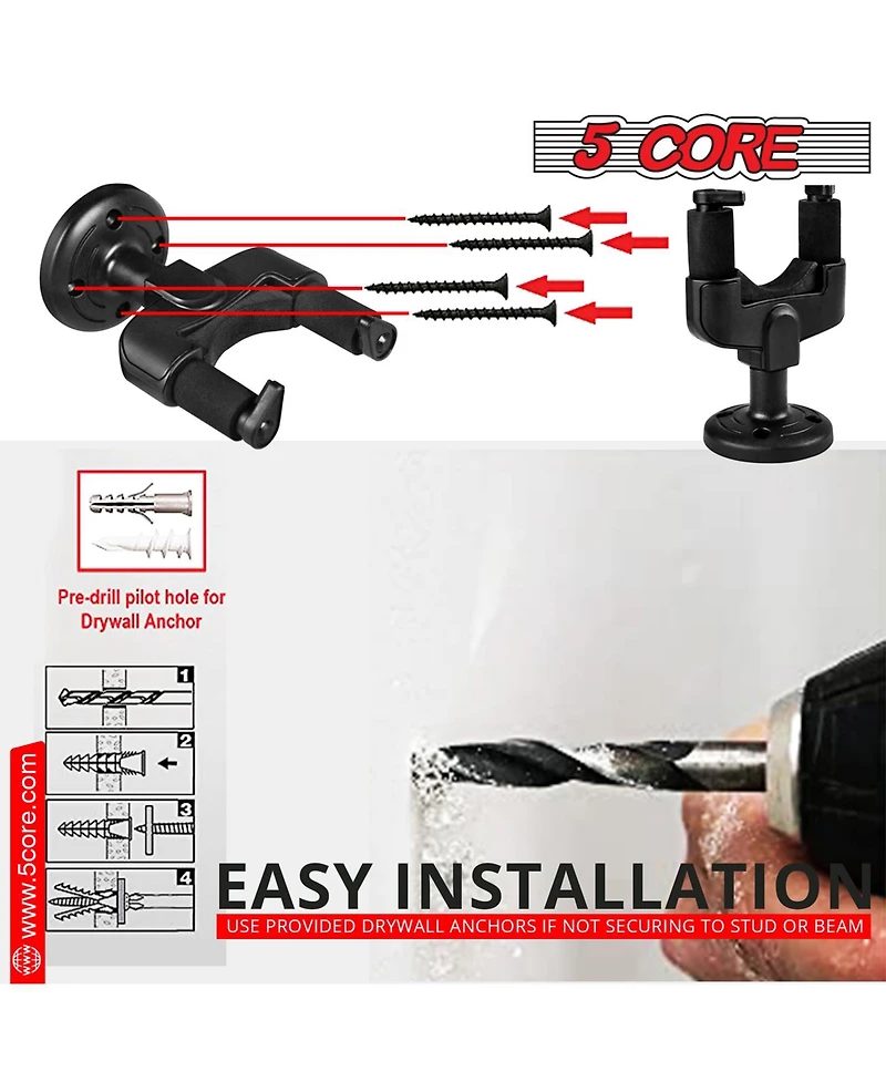 5Core Guitar Wall Mount Hanger Hook Metal Base Soft Padding Adjustable Rotatable Holder - Gh Abs 1pc
