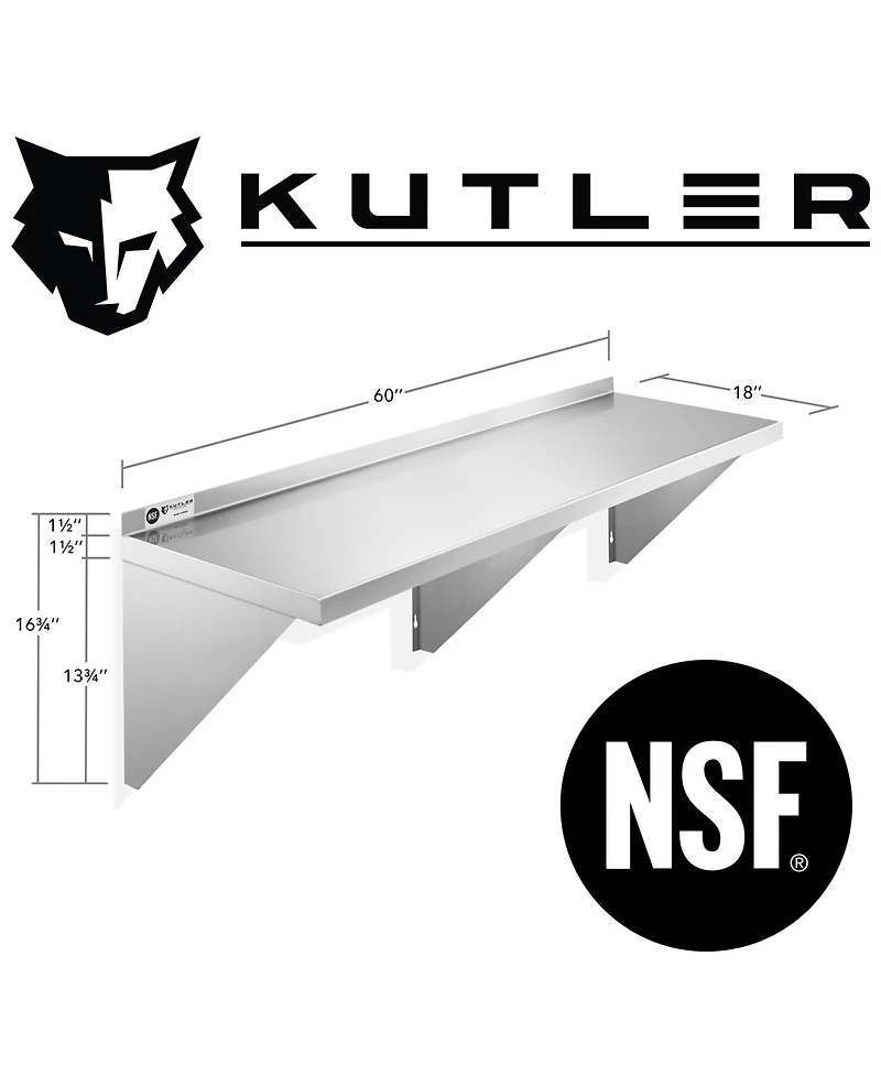 Kutler 18" x 60" Stainless Steel Shelf, Nsf Commercial Wall Mount Shelving w/ Backsplash, Floating Metal Mounted Shelves for Restaurant, Kit