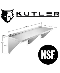 Kutler 18" x 60" Stainless Steel Shelf, Nsf Commercial Wall Mount Shelving w/ Backsplash, Floating Metal Mounted Shelves for Restaurant, Kit