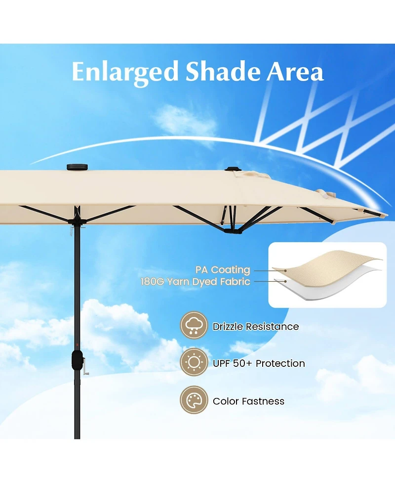 13FT Double-sided Patio Umbrella with Solar Lights Crank Handle Base