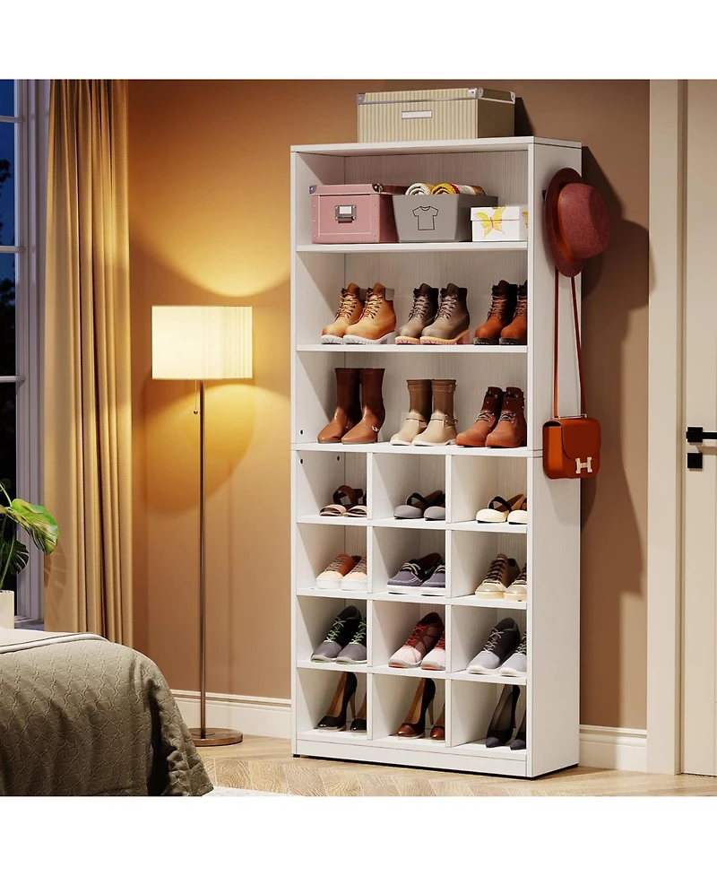 Tribesigns Shoe Cabinet, 24 Pair Freestanding Shoe Rack Storage Organizer with Side Hooks, Modern Shoe Storage Cabinet with Shelves for Hallway Bedroo