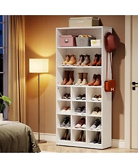 Tribesigns Shoe Cabinet, 24 Pair Freestanding Shoe Rack Storage Organizer with Side Hooks, Modern Shoe Storage Cabinet with Shelves for Hallway Bedroo