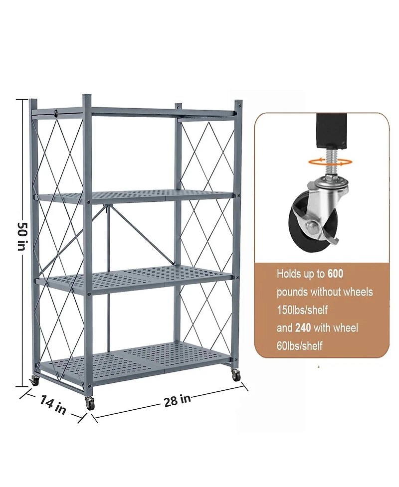 Sugift 4-Tier Folding Storage Shelves Metal Folding Shelves with Wheels, 600Lbs Capacity, Grey