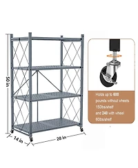 Sugift 4-Tier Folding Storage Shelves Metal Folding Shelves with Wheels, 600Lbs Capacity, Grey