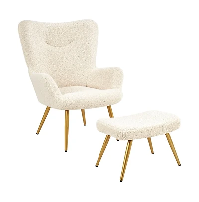 Yaheetech Boucle Accent Chair and Ottoman Set with Golden Metal Legs