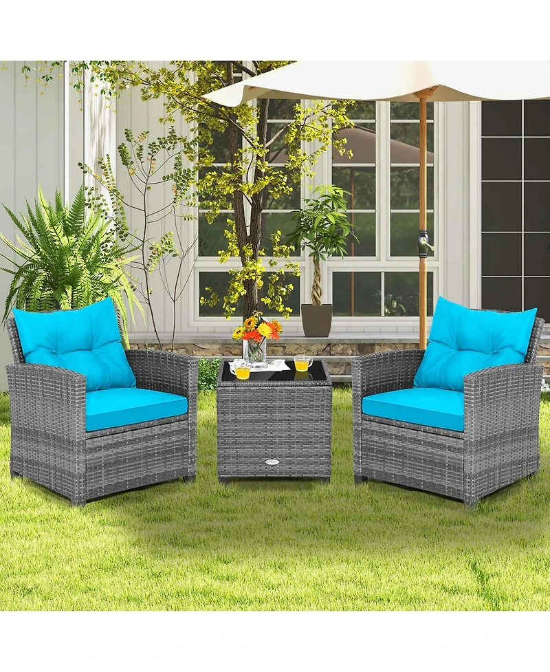 3PCS Patio Rattan Furniture Bistro Set Cushioned Sofas Side Table Armrest